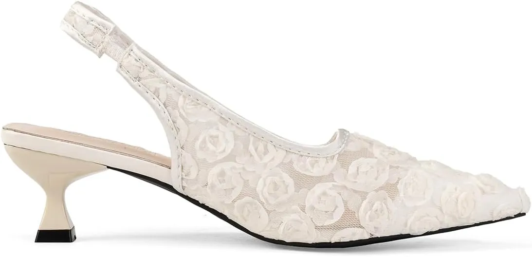 Elegant Lace Kitten Heels for Women - Black Slingback Pointed Toe Floral Mesh Dress Shoes - Low Heel Formal Wedding Guest Party Sandals