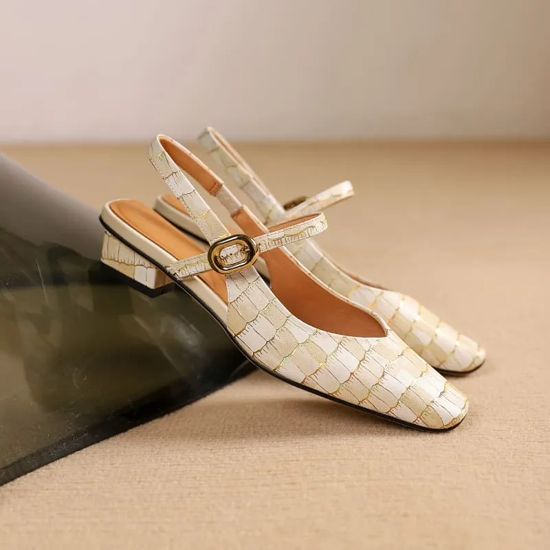 Elegant Leather Square Toe Block Heel Slingbacks with Plaid