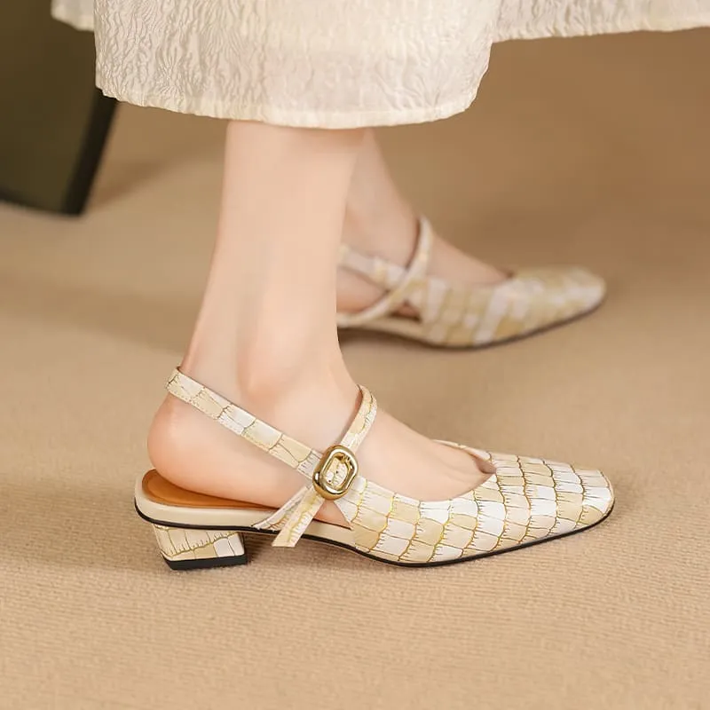 Elegant Leather Square Toe Block Heel Slingbacks with Plaid