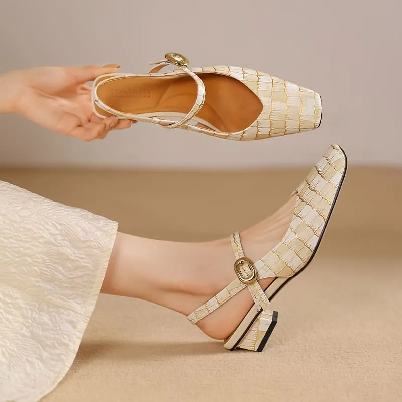 Elegant Leather Square Toe Block Heel Slingbacks with Plaid