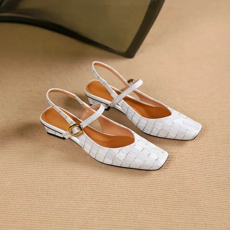 Elegant Leather Square Toe Block Heel Slingbacks with Plaid