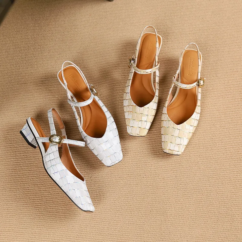 Elegant Leather Square Toe Block Heel Slingbacks with Plaid