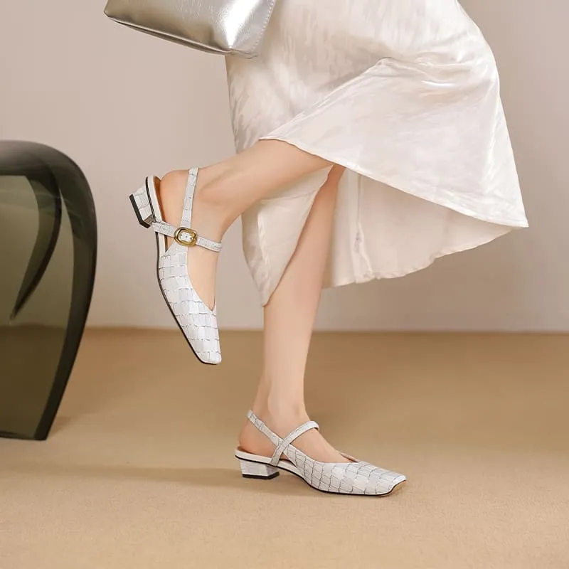 Elegant Leather Square Toe Block Heel Slingbacks with Plaid