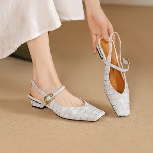 Elegant Leather Square Toe Block Heel Slingbacks with Plaid