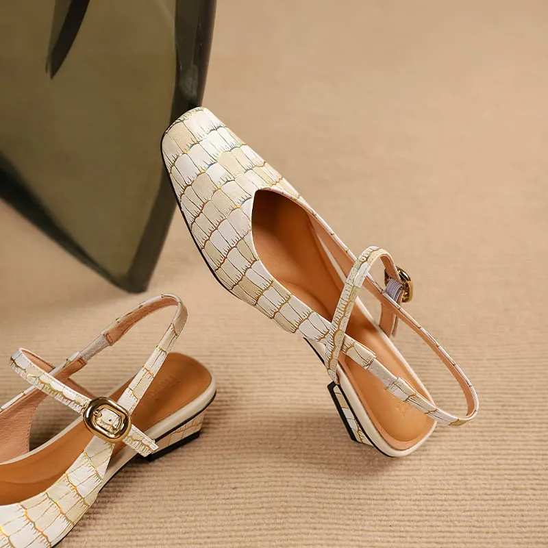 Elegant Leather Square Toe Block Heel Slingbacks with Plaid