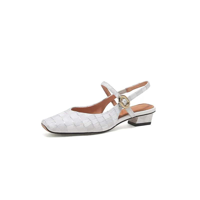 Elegant Leather Square Toe Block Heel Slingbacks with Plaid