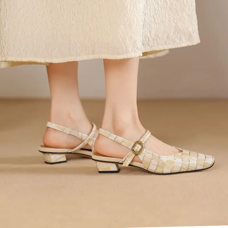 Elegant Leather Square Toe Block Heel Slingbacks with Plaid