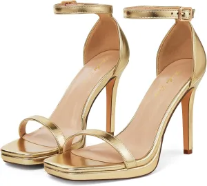 Elisabet Tang Women's 4.3 Inch Platform High Heeled Sandals Strappy Stiletto Open Square Toe Heel with Ankle Strap at Wedding Party Prom Work Dating