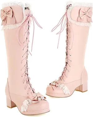 Elyffany Woman Fashion Bow Knee-hign Boots Cute Chunky Heel Lace Lolita Shoes