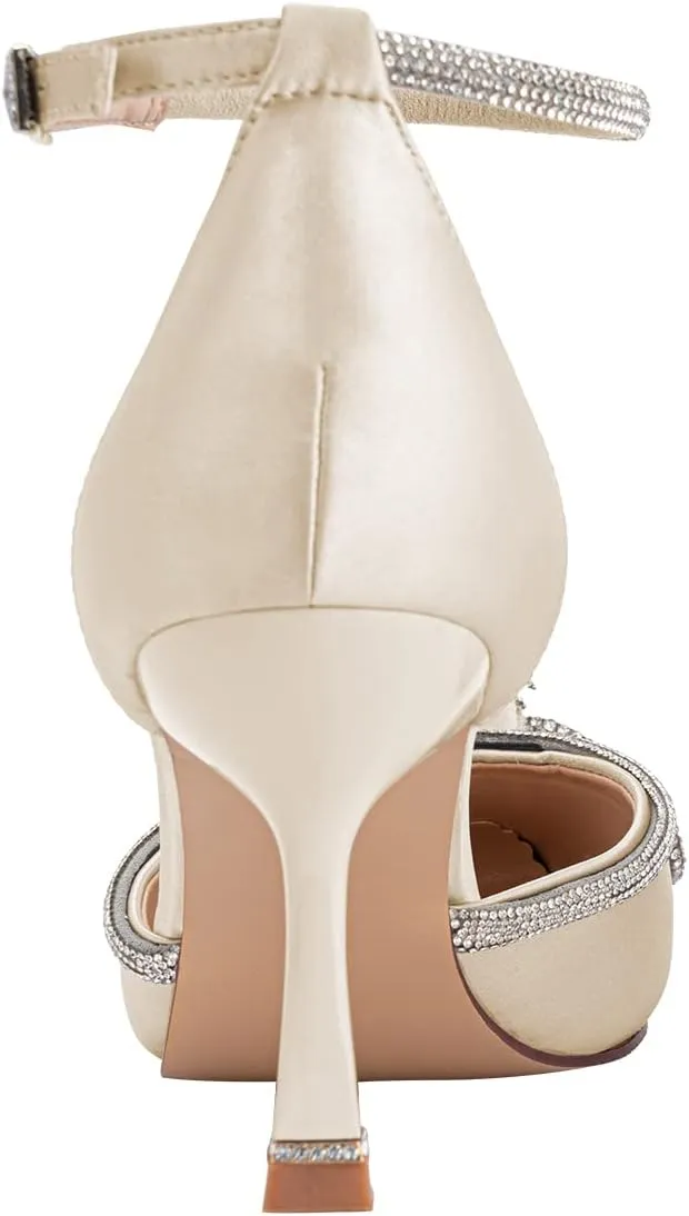 ERIJUNOR Rhinestone Bow Knot Wedding Shoes Elegant Pointed Toe Pumps for Woman with Ankle Strap