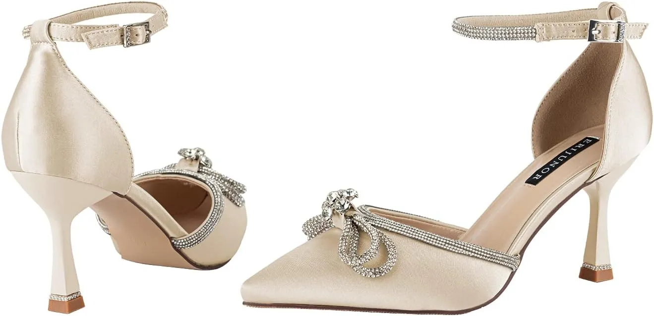 ERIJUNOR Rhinestone Bow Knot Wedding Shoes Elegant Pointed Toe Pumps for Woman with Ankle Strap