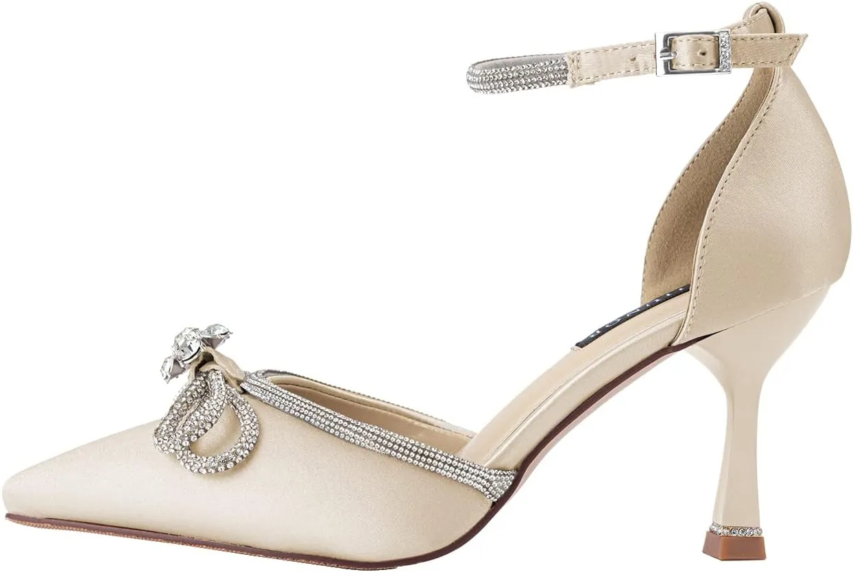 ERIJUNOR Rhinestone Bow Knot Wedding Shoes Elegant Pointed Toe Pumps for Woman with Ankle Strap