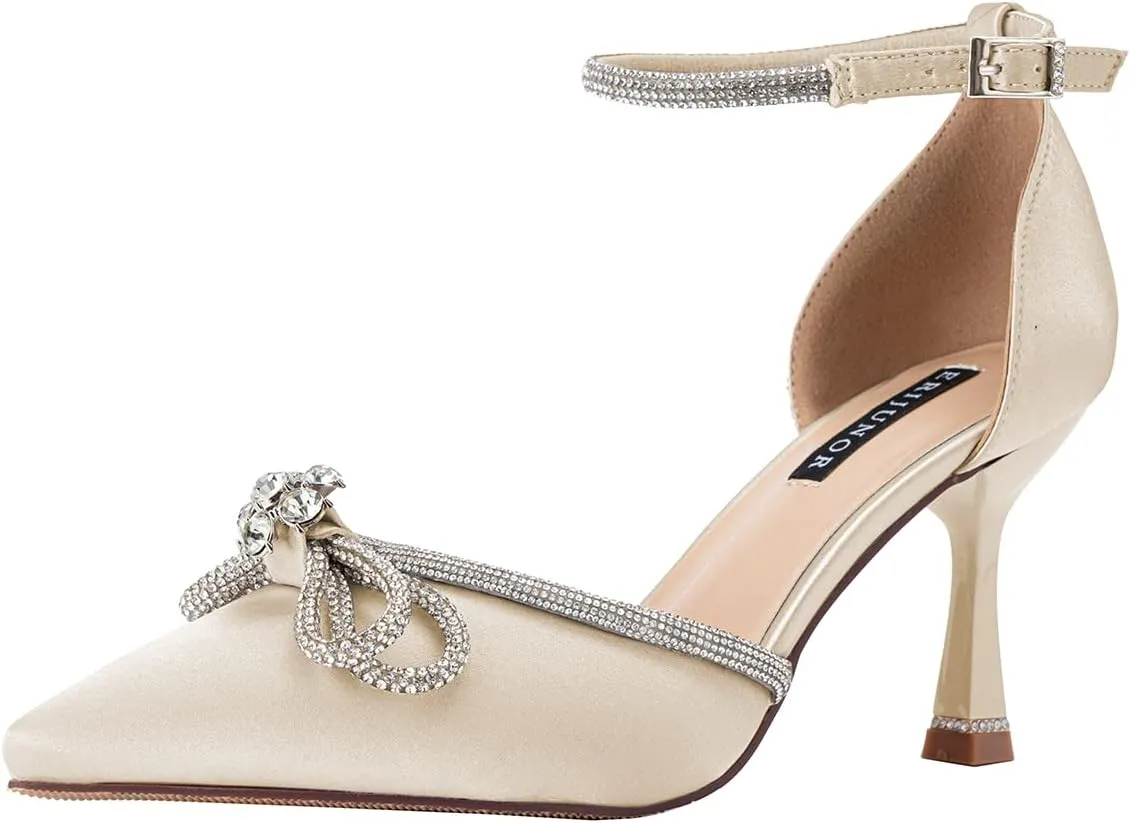 ERIJUNOR Rhinestone Bow Knot Wedding Shoes Elegant Pointed Toe Pumps for Woman with Ankle Strap