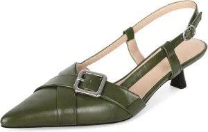 Esvowido Women Slingback Kitten Heels Pointed Toe Low Heel Pumps Adjustable Buckle Straps for Work Party Casual Outfit