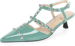 Esvowido Womens Slingback Kitten Heels Pointed Toe Pumps Studded T-Strap Low Heels 2 Inch Closed Toe Work Wedding Party Dress Shoes