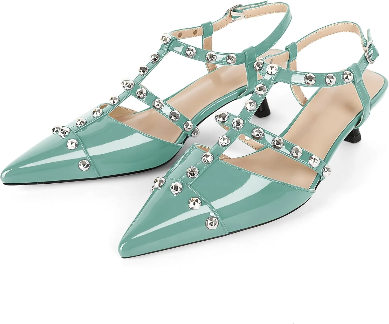 Esvowido Womens Slingback Kitten Heels Pointed Toe Pumps Studded T-Strap Low Heels 2 Inch Closed Toe Work Wedding Party Dress Shoes