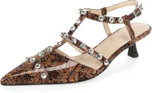 Esvowido Womens Slingback Kitten Heels Pointed Toe Pumps Studded T-Strap Low Heels 2 Inch Closed Toe Work Wedding Party Dress Shoes