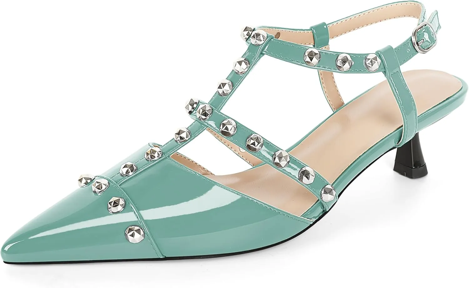 Esvowido Womens Slingback Kitten Heels Pointed Toe Pumps Studded T-Strap Low Heels 2 Inch Closed Toe Work Wedding Party Dress Shoes