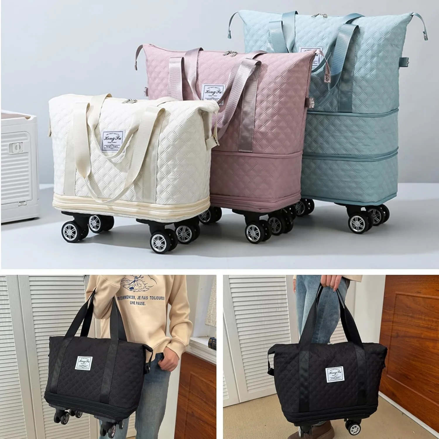 Expandable Foldable Wheeled Travel Duffle Bag - Detachable Rolling Wheels Carry On Gift
