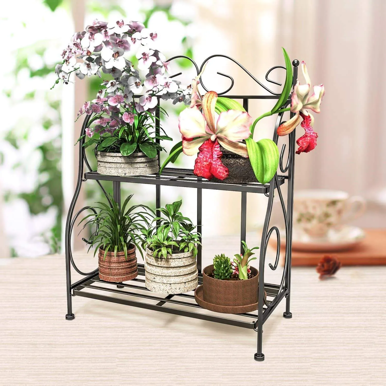 F-color Bathroom Countertop Organizer, 2 Tier Collapsible Kitchen Counter Spice Rack Jars Bottle Shelf Organizer Rack, Black