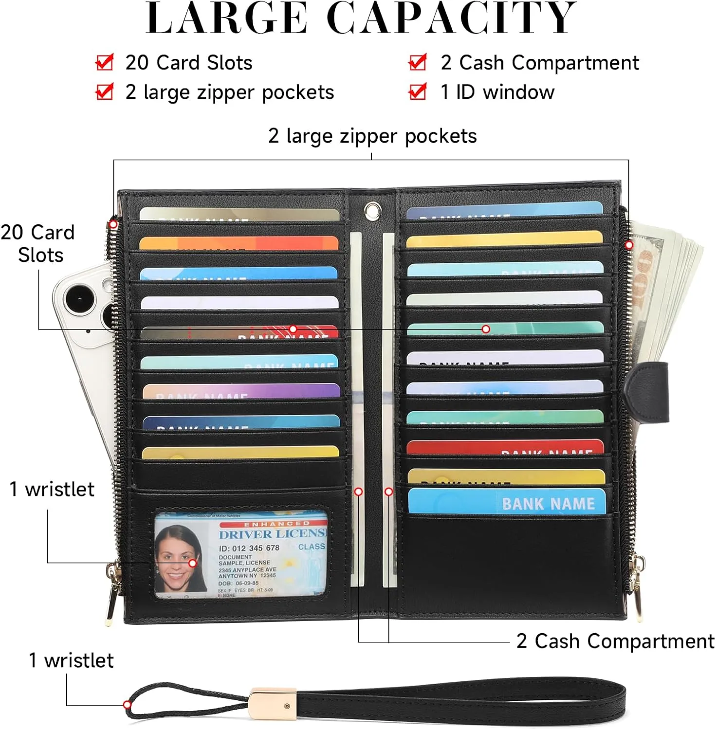FALAN MULE Wallet Women Multi Card Slim Leather RFID Blocking Credit Card Holder Wallet Purse with Zipper Pocket