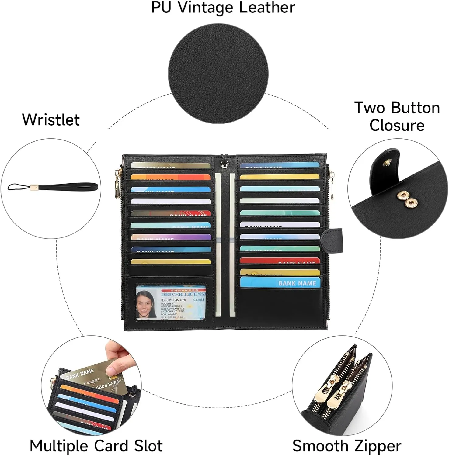 FALAN MULE Wallet Women Multi Card Slim Leather RFID Blocking Credit Card Holder Wallet Purse with Zipper Pocket