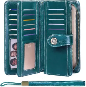 FALAN MULE Women Genuine Leather Wallet Large Capacity Bifold RFID Blocking Card Holder with Zipper Coin Pocket
