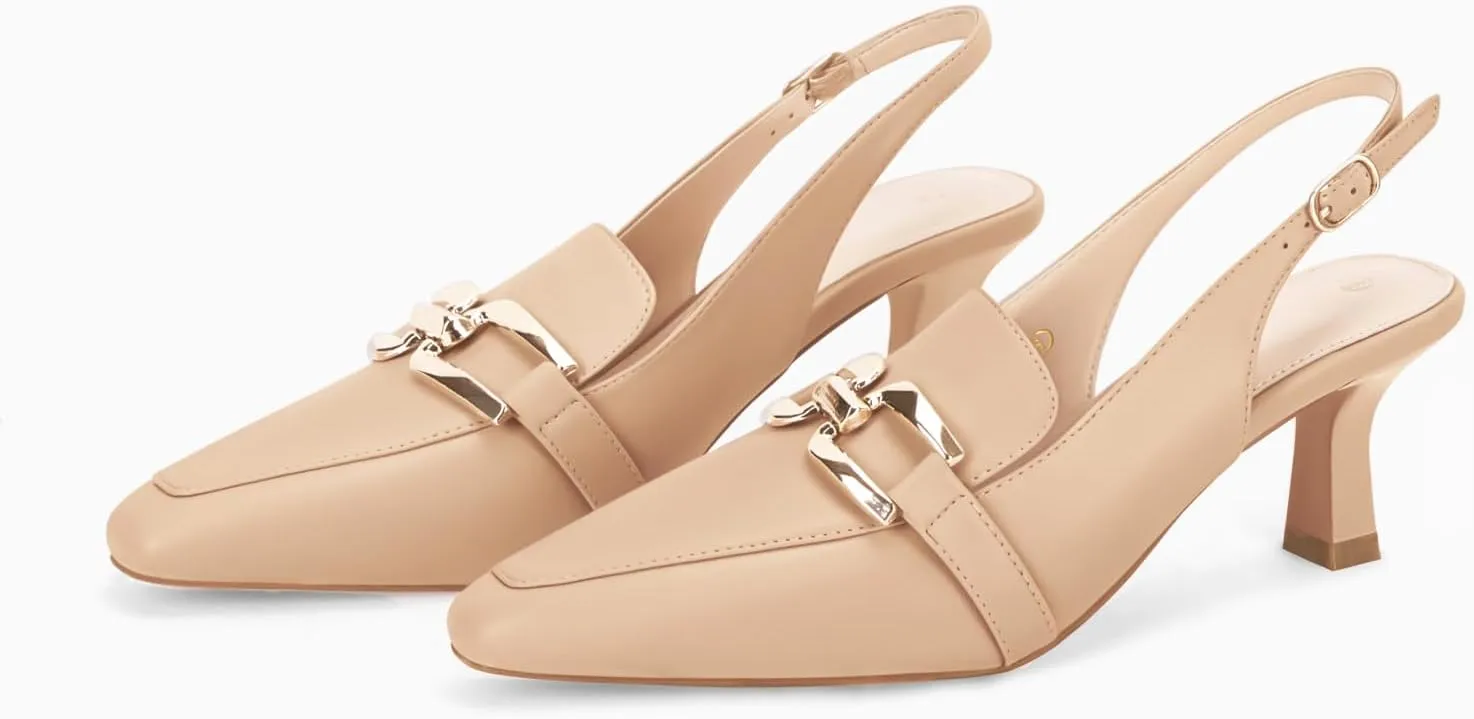 Fashare Womens Kitten Heels Slingback Closed Pointed Toe Dress Shoes Metal Chain Buckle Elegant Pumps