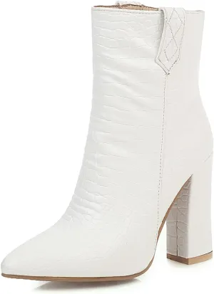 Fashion Women Block High Heels Western Boots Ankle High Crocodile Pattern Booties Zipper Low Boots
