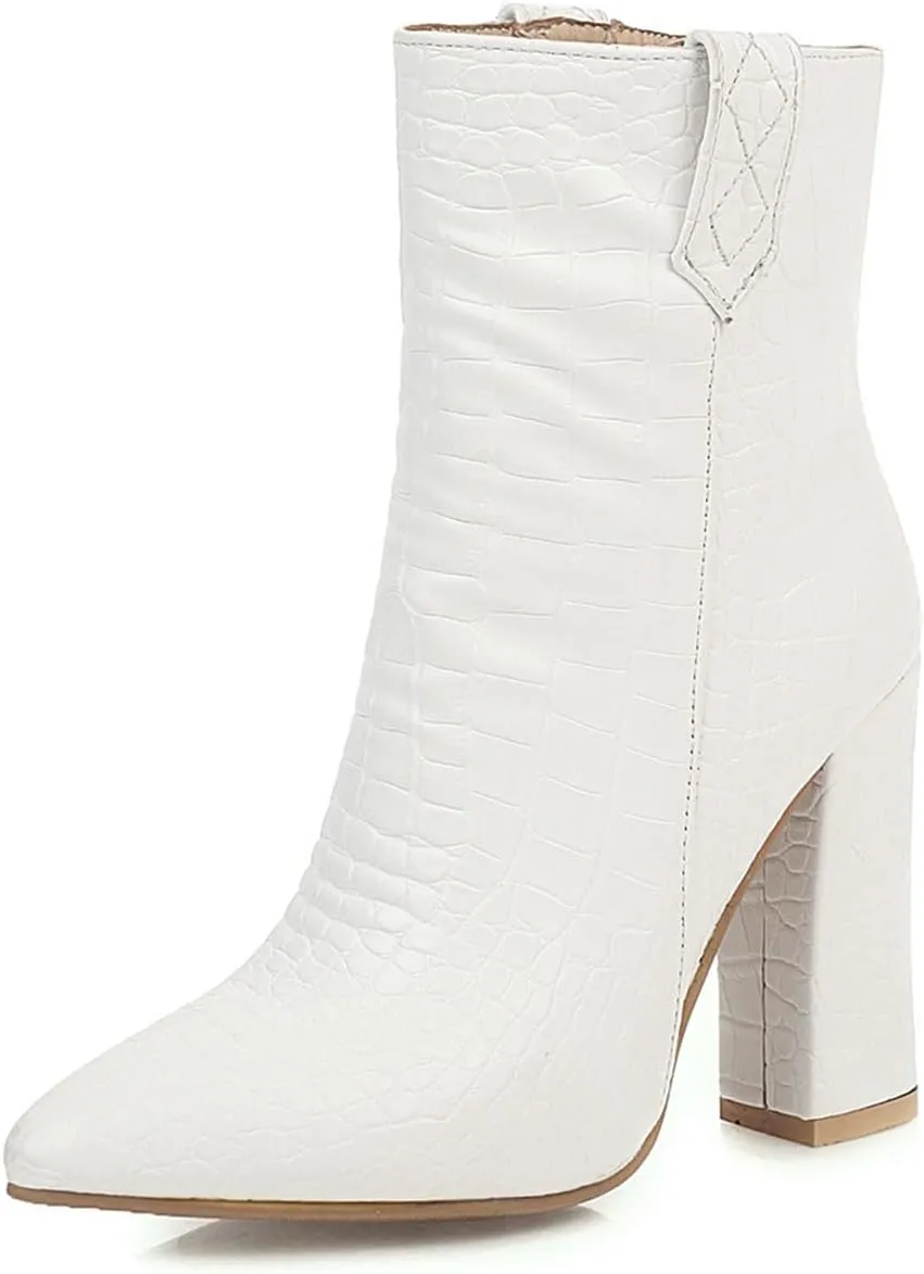 Fashion Women Block High Heels Western Boots Ankle High Crocodile Pattern Booties Zipper Low Boots