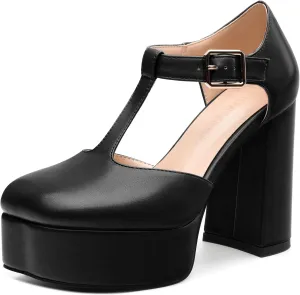 FEMSTEP Women's T-Strap Mary Jane Heels Platform High Block Chunky Square Toe Pumps Party Shopping Dating Daily Wear Dress Shoes