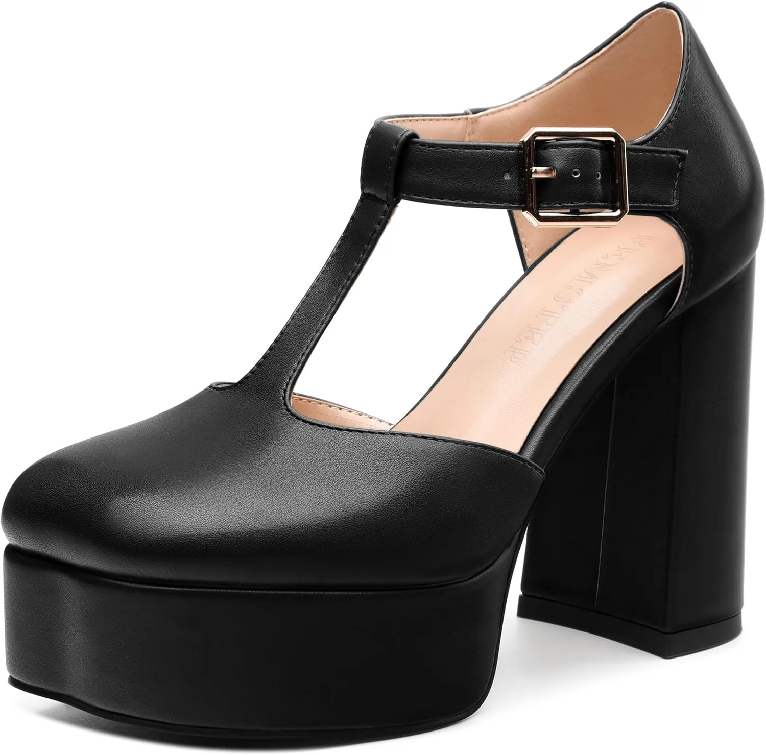 FEMSTEP Women's T-Strap Mary Jane Heels Platform High Block Chunky Square Toe Pumps Party Shopping Dating Daily Wear Dress Shoes