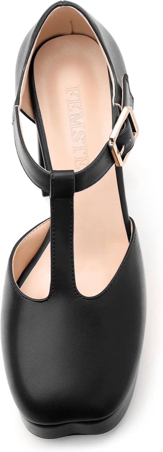 FEMSTEP Women's T-Strap Mary Jane Heels Platform High Block Chunky Square Toe Pumps Party Shopping Dating Daily Wear Dress Shoes