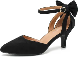 fereshte Women's Wedding Evening Party Bow Kitten Heels Pumps Ankle Strap Buckle Dress Shoes