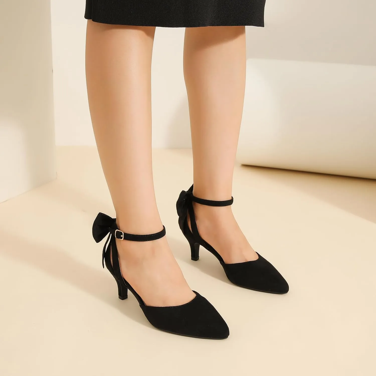 fereshte Women's Wedding Evening Party Bow Kitten Heels Pumps Ankle Strap Buckle Dress Shoes