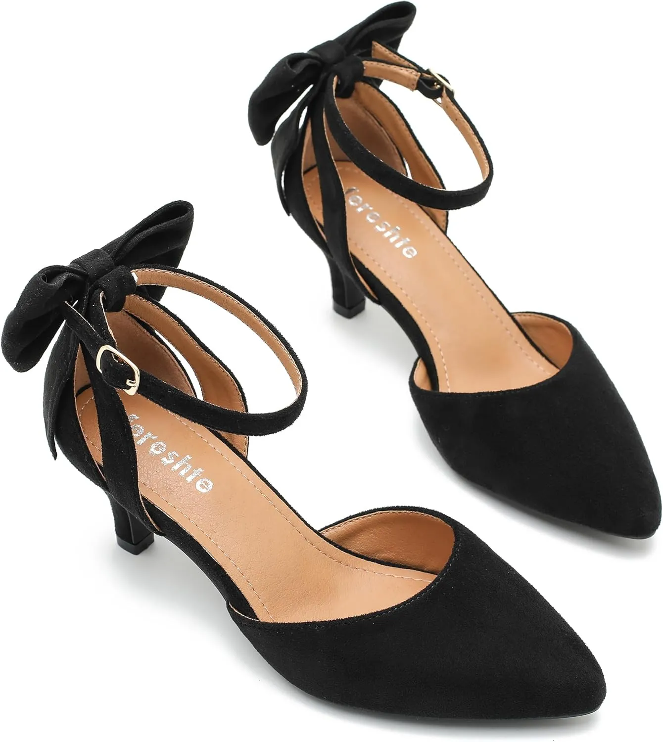 fereshte Women's Wedding Evening Party Bow Kitten Heels Pumps Ankle Strap Buckle Dress Shoes