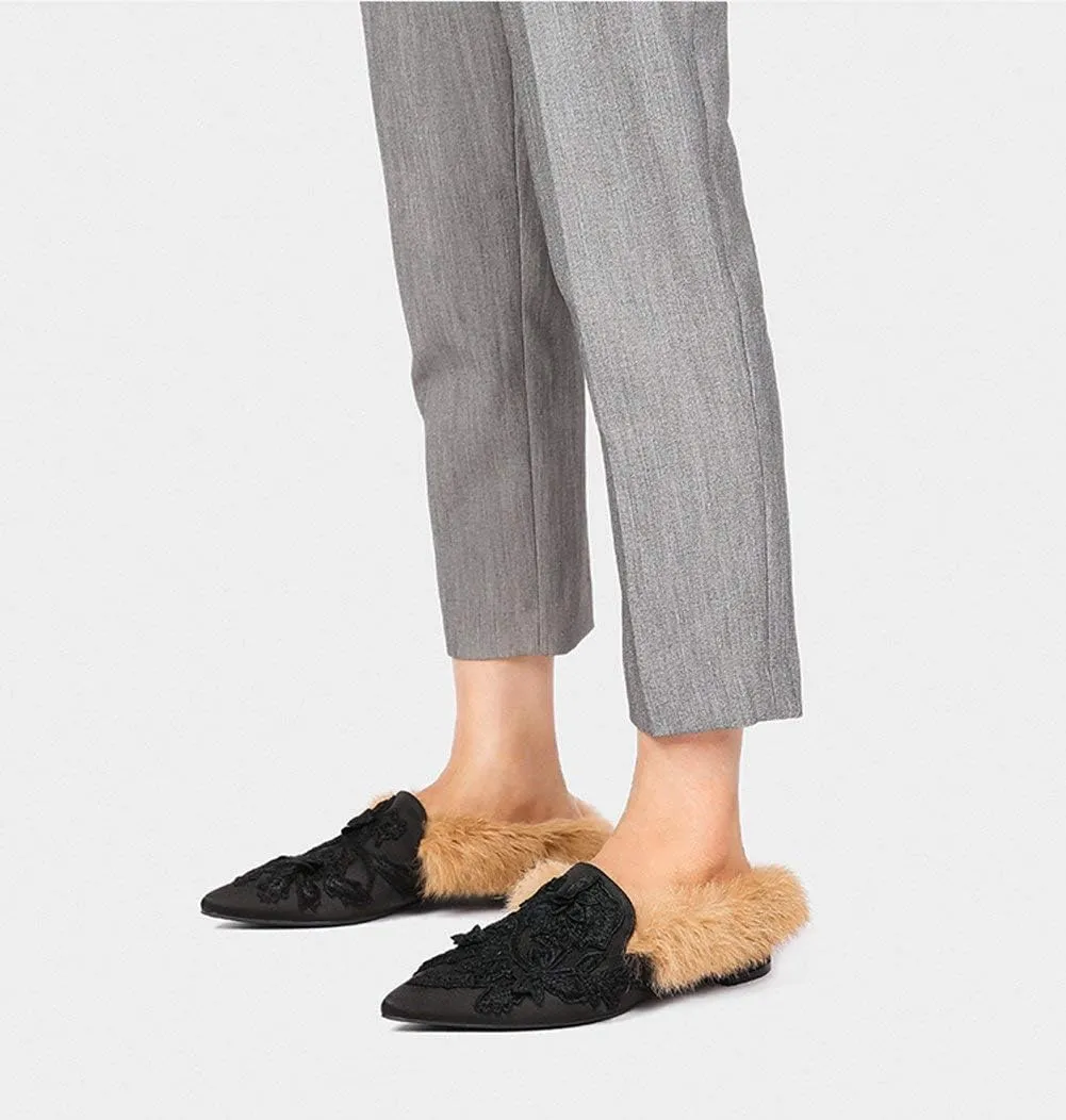 Fericzot Slip On Loafers Womens Embroidery Mule Shoes with Plush Lamb Fur Velvet Slippers Backless Pointed Toe Mule Slides