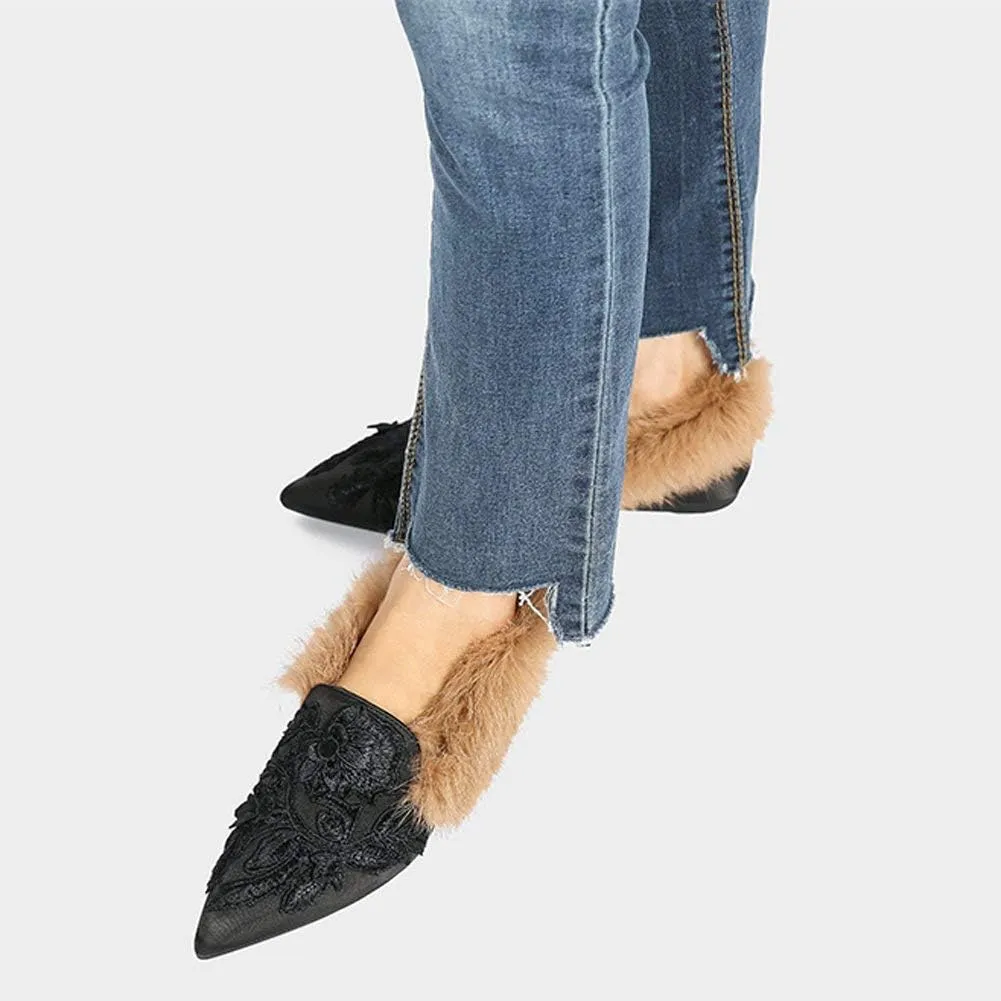 Fericzot Slip On Loafers Womens Embroidery Mule Shoes with Plush Lamb Fur Velvet Slippers Backless Pointed Toe Mule Slides