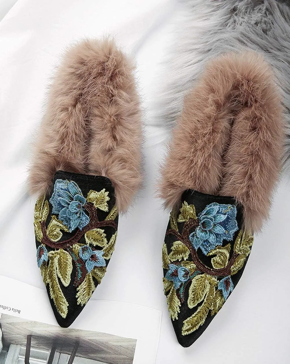 Fericzot Slip On Loafers Womens Embroidery Mule Shoes with Plush Lamb Fur Velvet Slippers Backless Pointed Toe Mule Slides