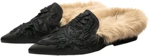 Fericzot Slip On Loafers Womens Embroidery Mule Shoes with Plush Lamb Fur Velvet Slippers Backless Pointed Toe Mule Slides