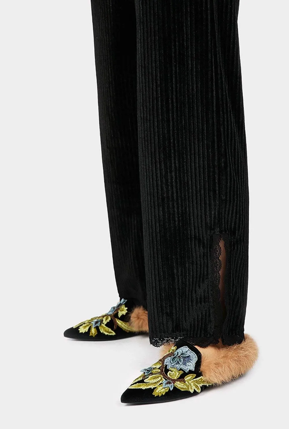 Fericzot Slip On Loafers Womens Embroidery Mule Shoes with Plush Lamb Fur Velvet Slippers Backless Pointed Toe Mule Slides