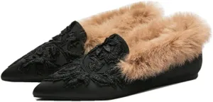 Fericzot Slip On Loafers Womens Embroidery Mule Shoes with Plush Lamb Fur Velvet Slippers Backless Pointed Toe Mule Slides