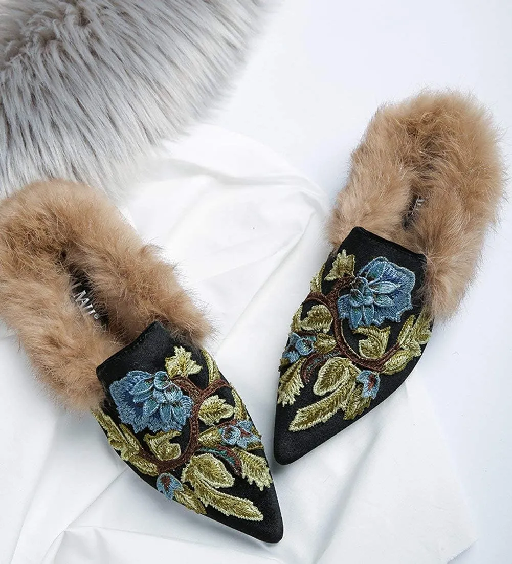 Fericzot Slip On Loafers Womens Embroidery Mule Shoes with Plush Lamb Fur Velvet Slippers Backless Pointed Toe Mule Slides