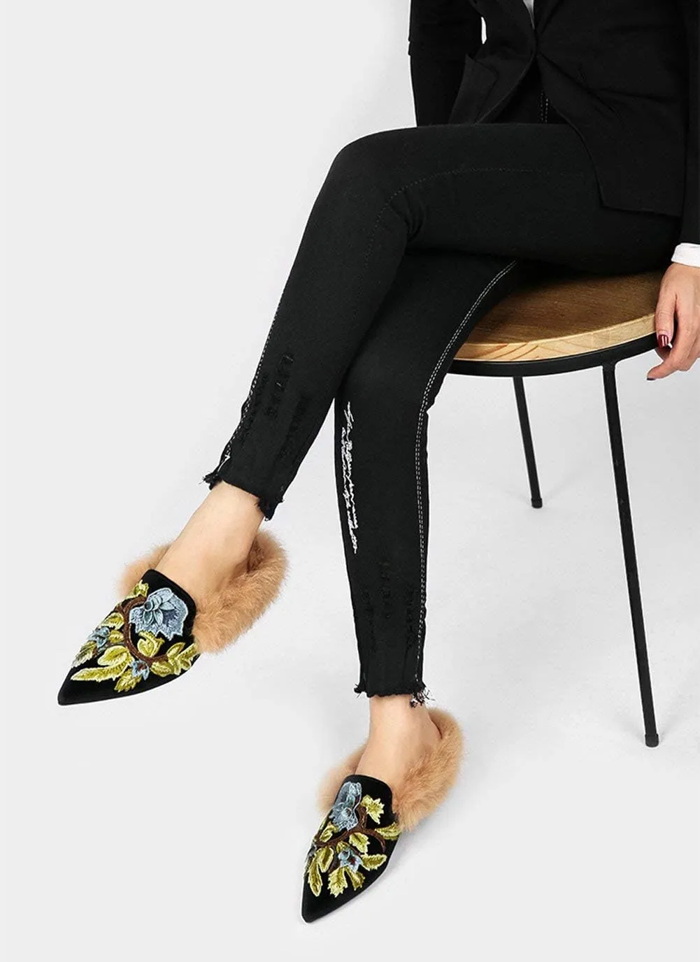 Fericzot Slip On Loafers Womens Embroidery Mule Shoes with Plush Lamb Fur Velvet Slippers Backless Pointed Toe Mule Slides