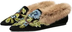 Fericzot Slip On Loafers Womens Embroidery Mule Shoes with Plush Lamb Fur Velvet Slippers Backless Pointed Toe Mule Slides