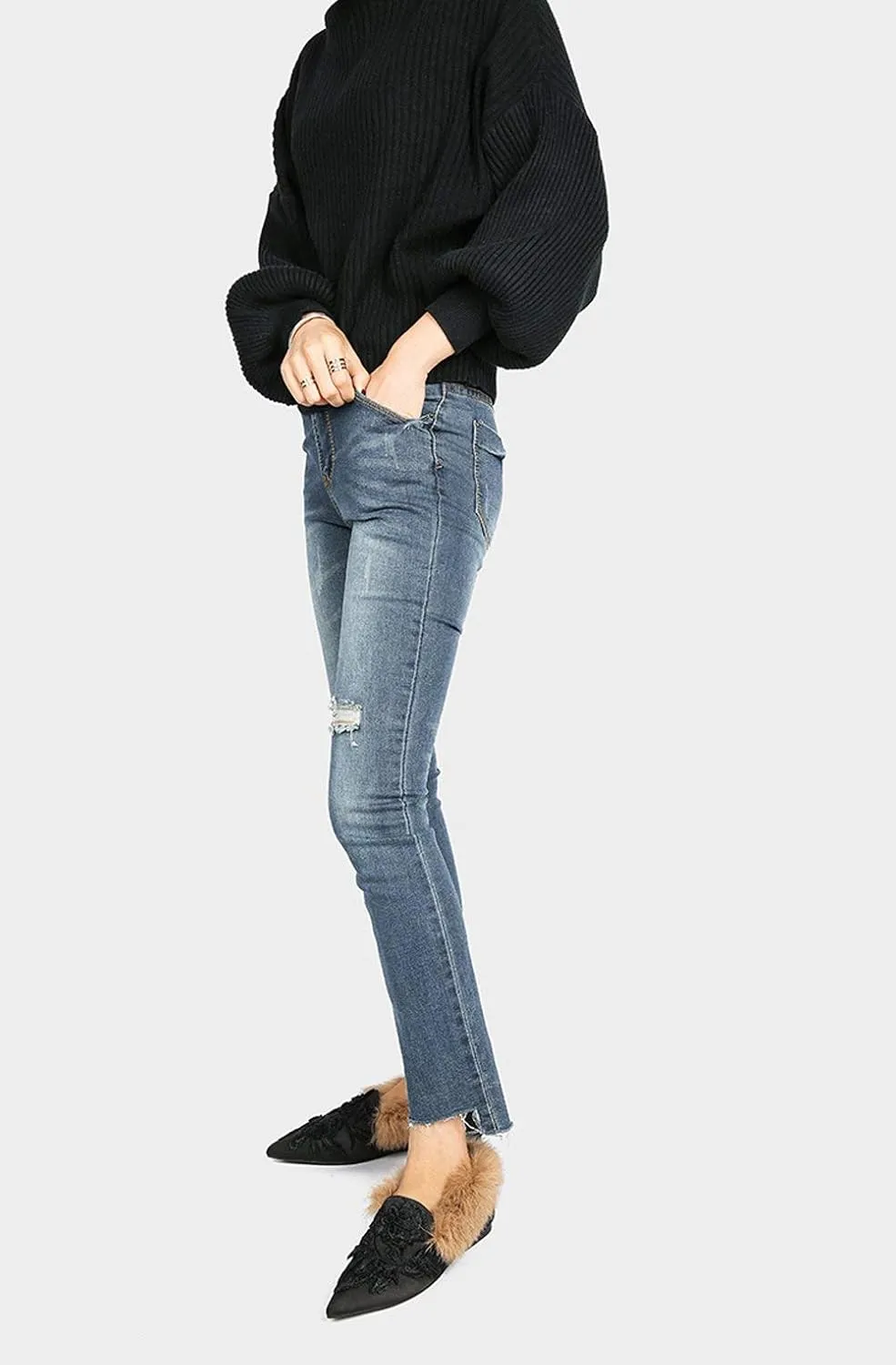 Fericzot Slip On Loafers Womens Embroidery Mule Shoes with Plush Lamb Fur Velvet Slippers Backless Pointed Toe Mule Slides