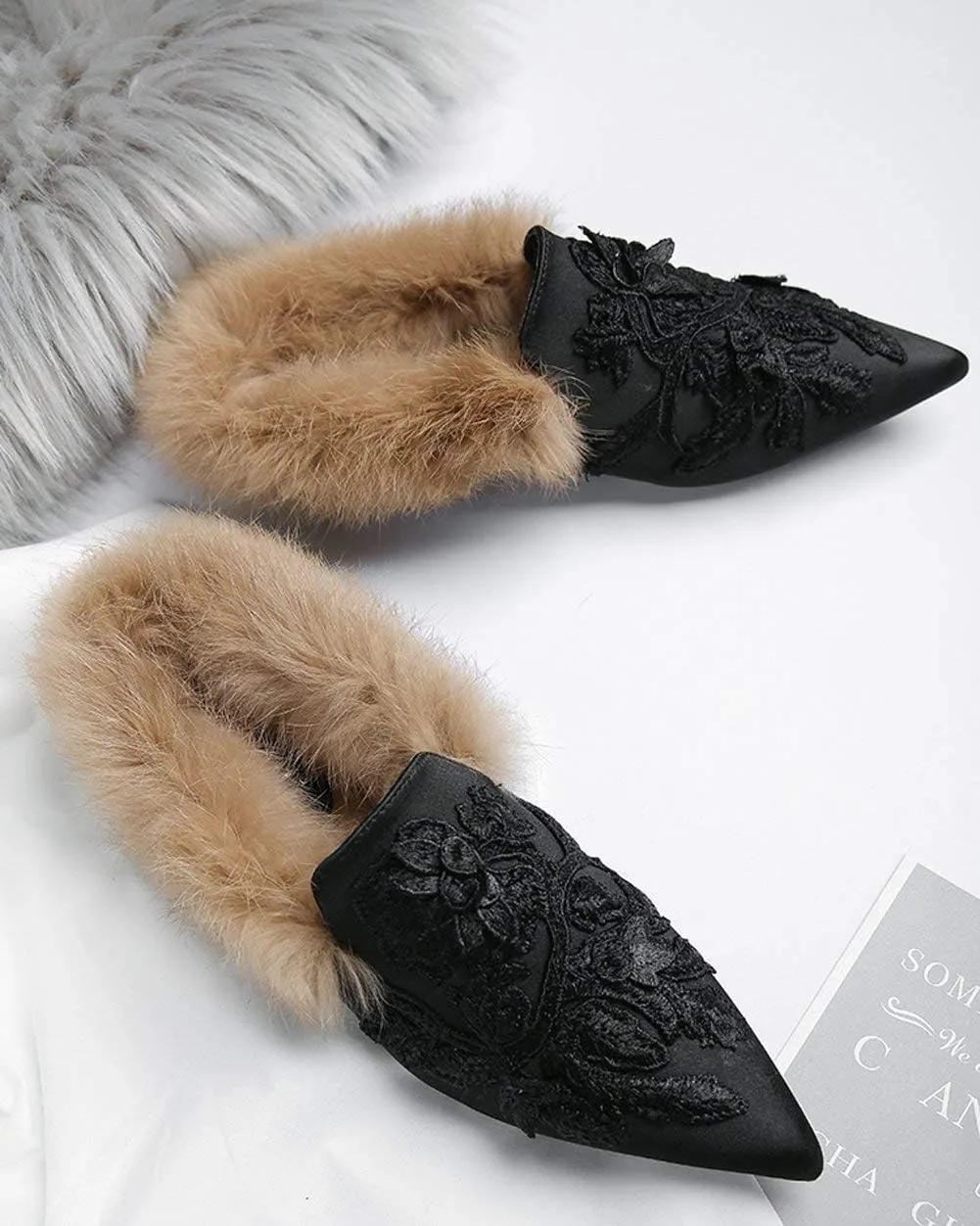 Fericzot Slip On Loafers Womens Embroidery Mule Shoes with Plush Lamb Fur Velvet Slippers Backless Pointed Toe Mule Slides