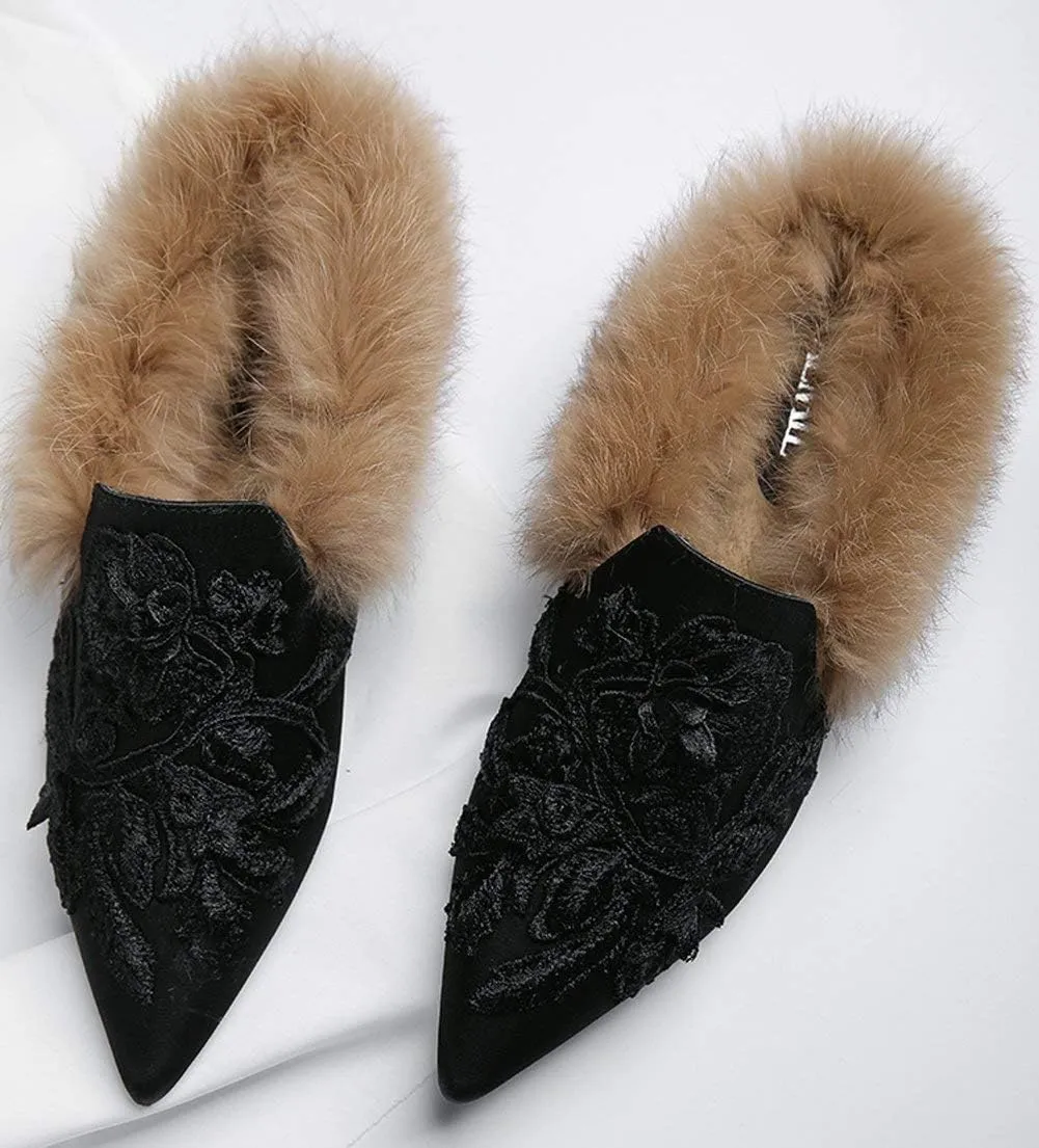 Fericzot Slip On Loafers Womens Embroidery Mule Shoes with Plush Lamb Fur Velvet Slippers Backless Pointed Toe Mule Slides