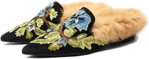 Fericzot Slip On Loafers Womens Embroidery Mule Shoes with Plush Lamb Fur Velvet Slippers Backless Pointed Toe Mule Slides