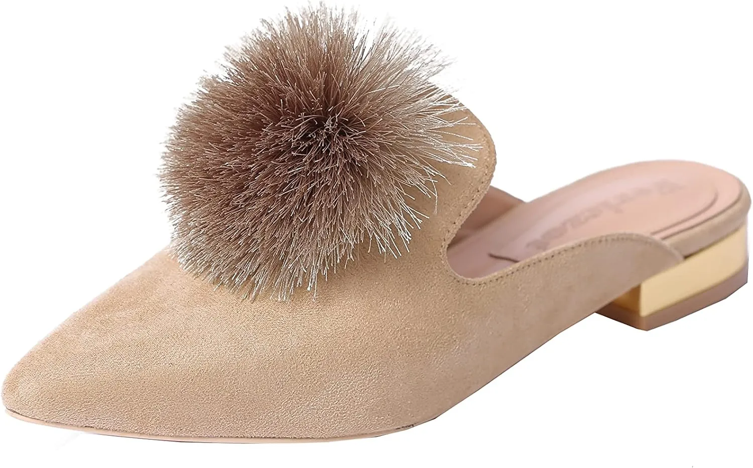 Fericzot Slip On Mule Backless Loafers Flats Puff Pompom Pointed Toe Casual Shoes Slippers